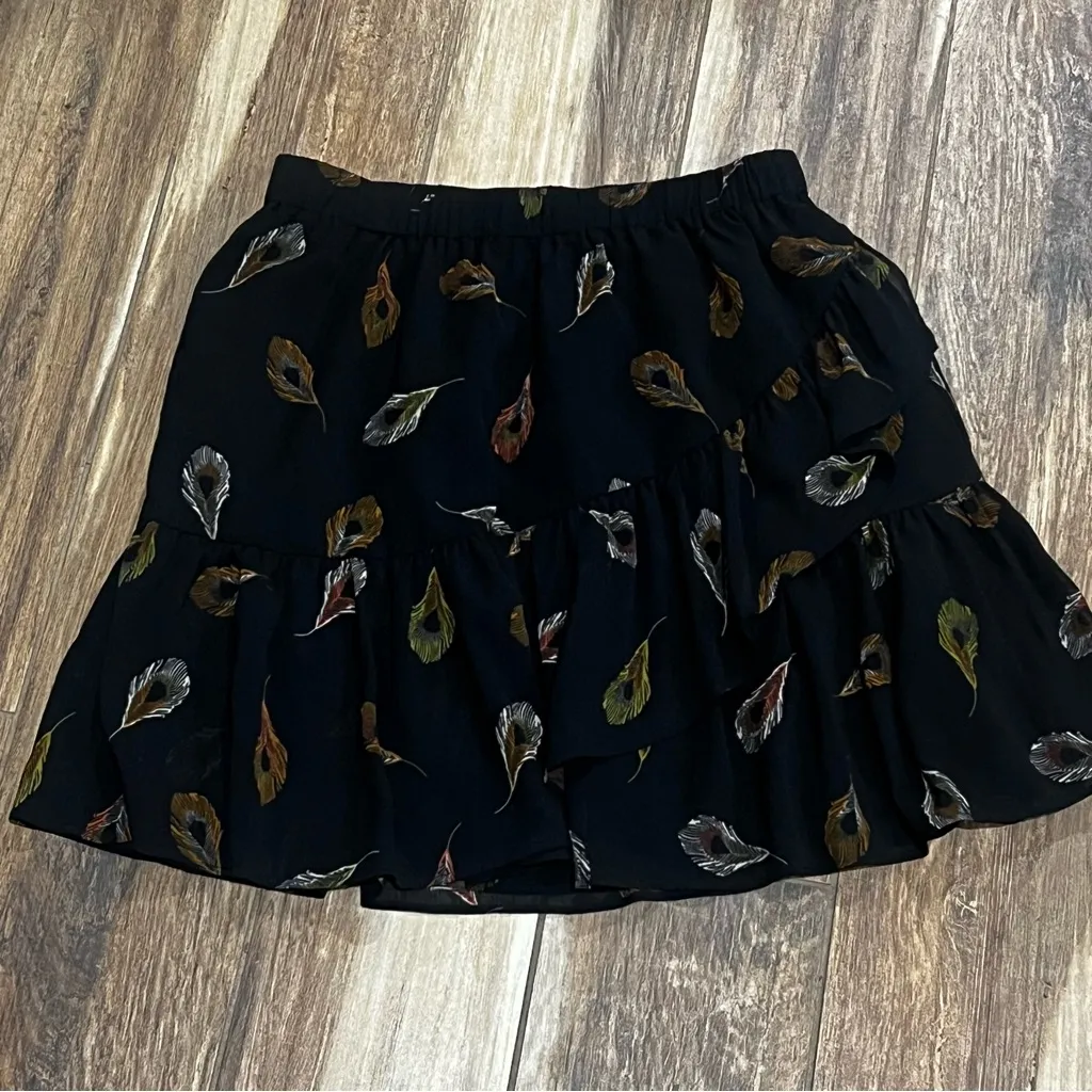 Madewell feather printed flutter black silk mini skirt - Image 3