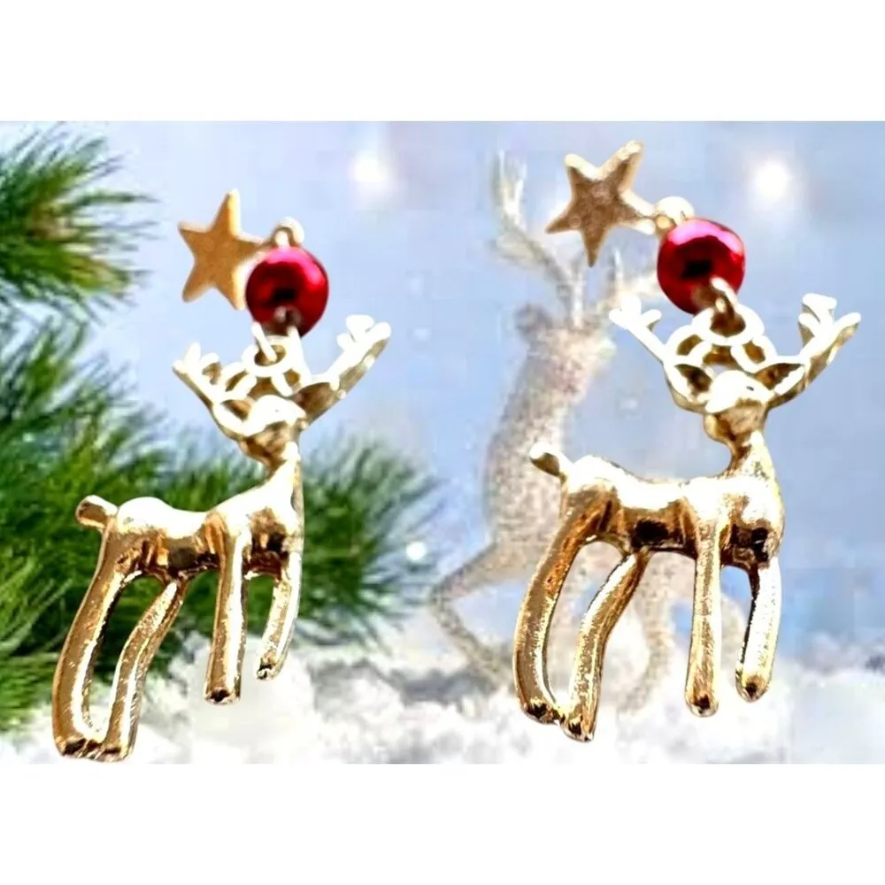 Reindeer Earrings Rudolph New Festive Christmas Eve Party Star Dangle Ho… Gold - Image 8