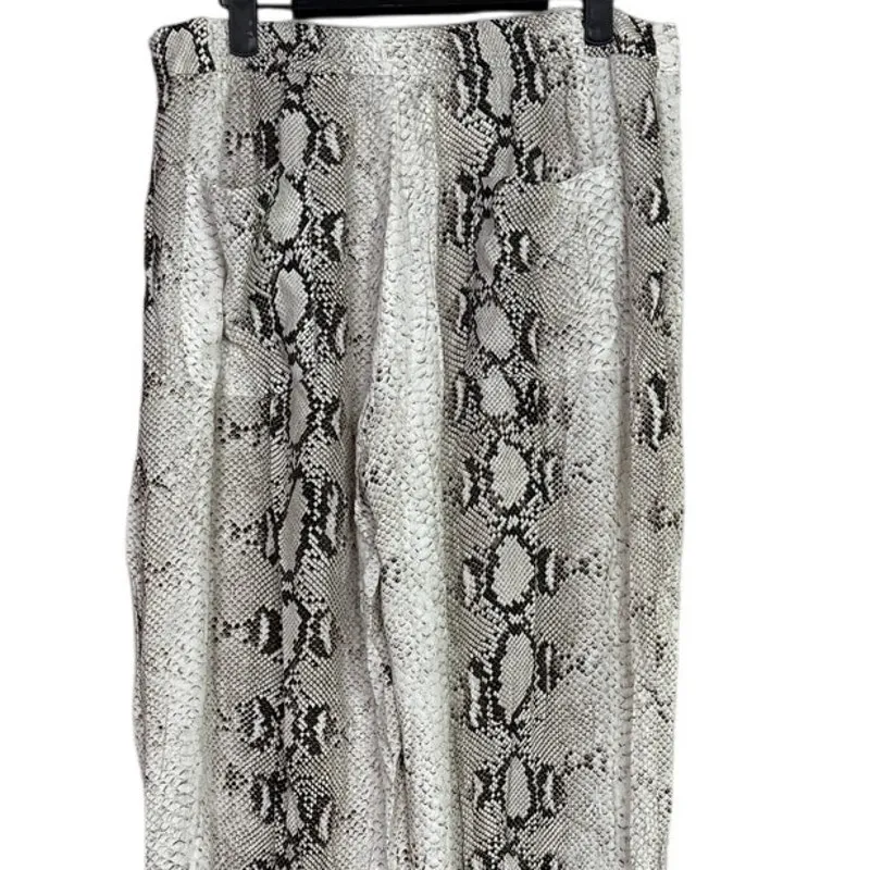 Zara Snakeskin Print Flared Trousers Satin Effect Lightweight XL Cream Brown - Image 5