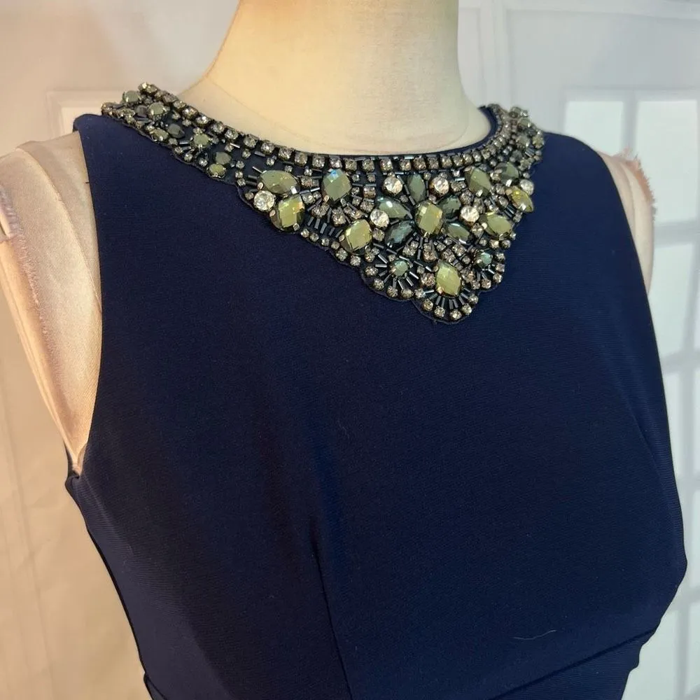 Eliza J Jeweled Neckline Sleeveless Side Ruched Navy-Blue Long Gown Size 4 - Image 4