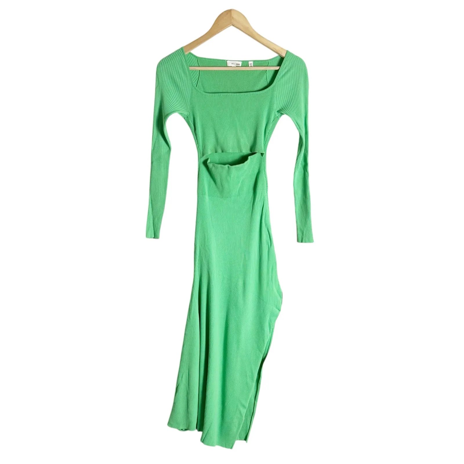 A.L.C. Clara Green Long Sleeve Square Neck Rib Knit Asymmetrical Midi Dress XS - Image 5