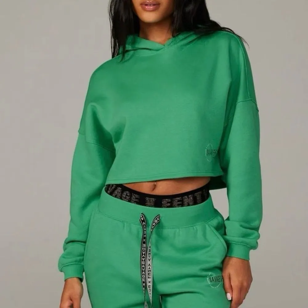 Savage X Fenty Essential Fleece Scope Logo Cropped Hoodie Sweatshirt Green XL‎ - Image 2