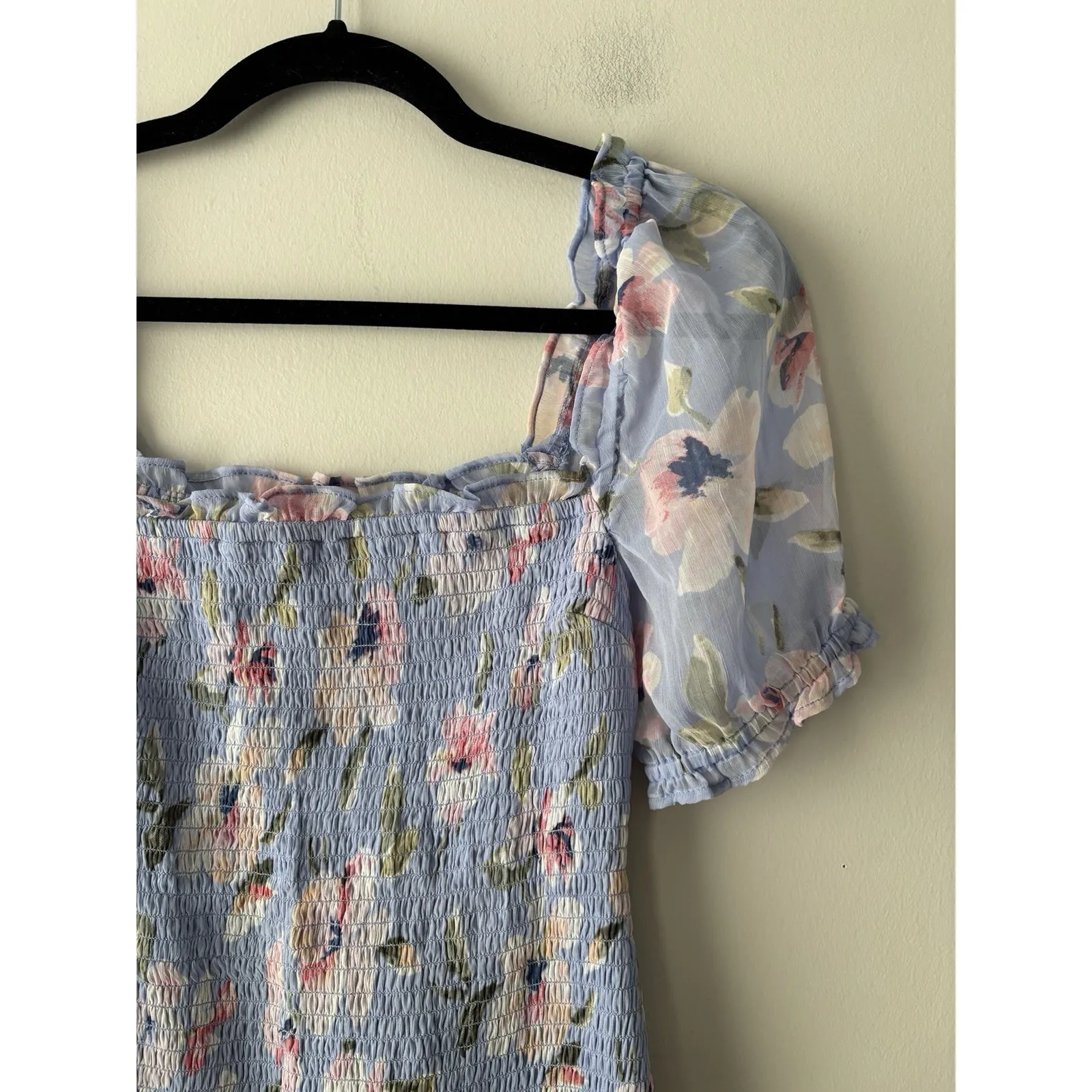 Abercrombie & Fitch Smocked Puff Sleeve Blue Floral Midi Dress Size XS - Image 5