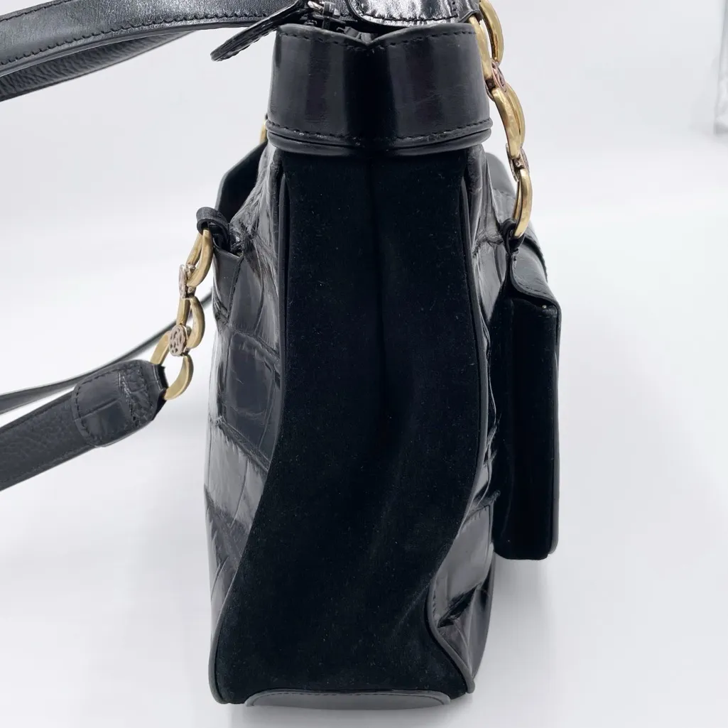 Brighton Vintage Purse Black Croc Embossed Leather Suede Metal Chain Link Strap - Image 6
