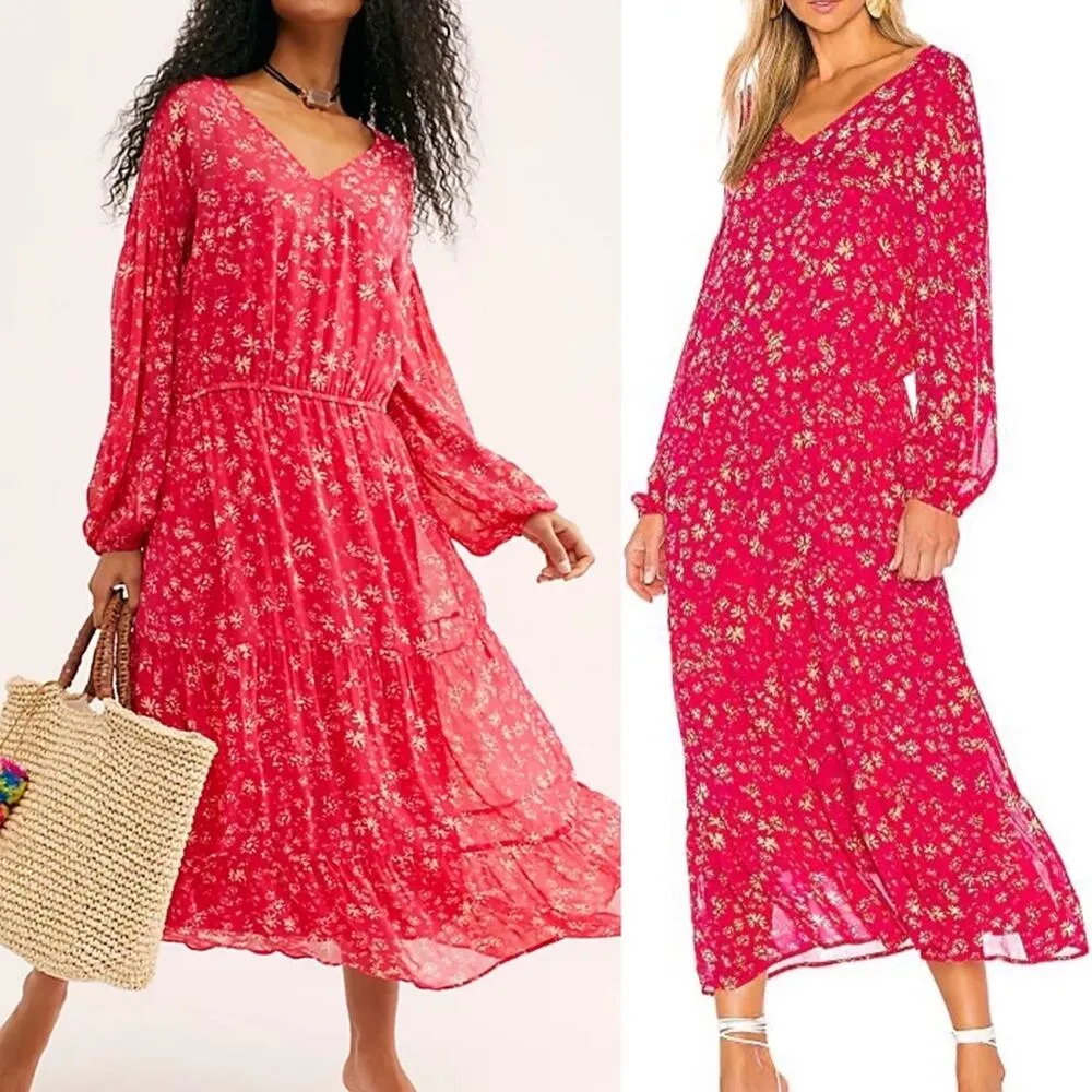 Free People pink floral flowy‎ midi dress size XS wallflower - Image 2
