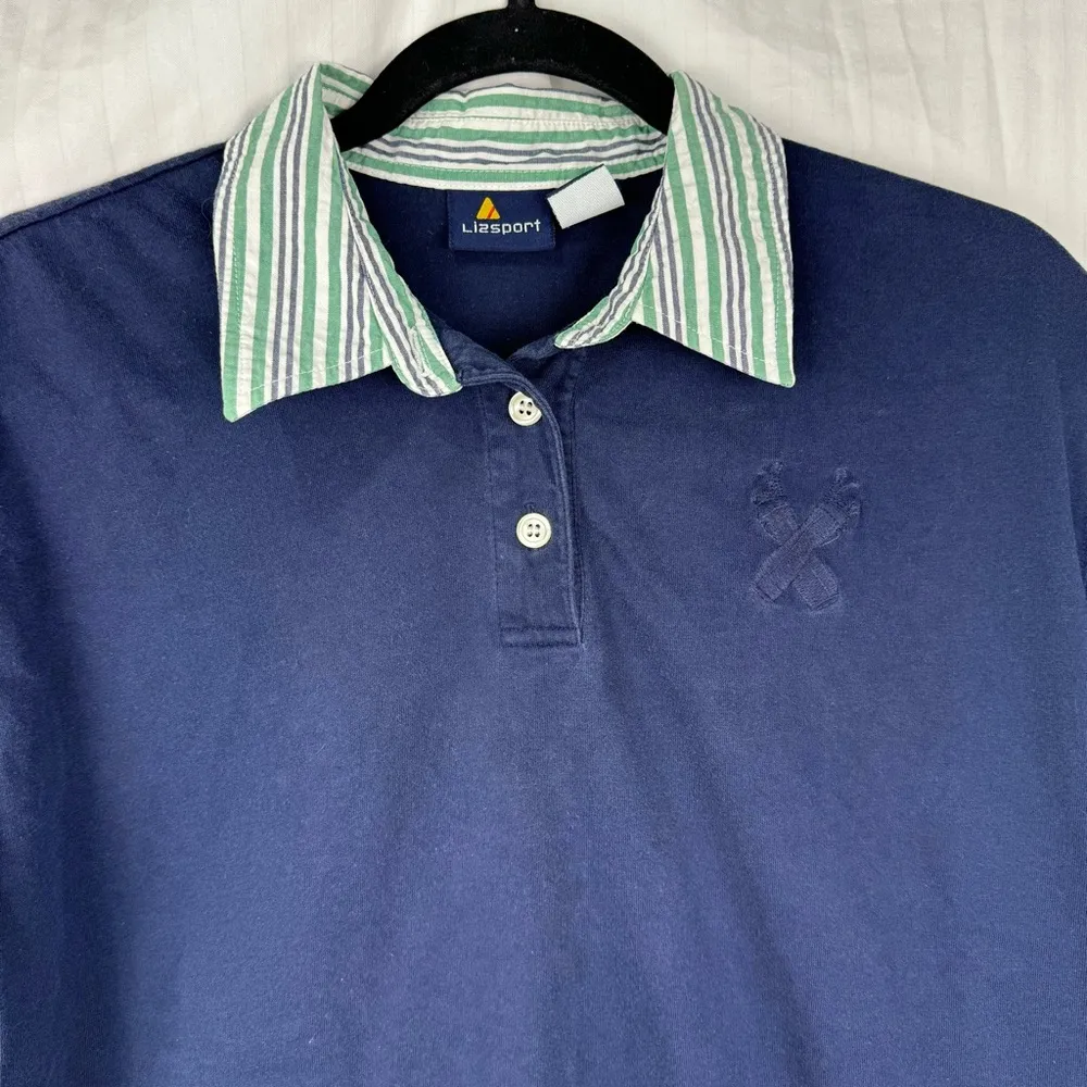 Liz Sport Golf Bags Vintage Navy Blue Polo Shirt Women’s Size Large Striped Trim - Image 6