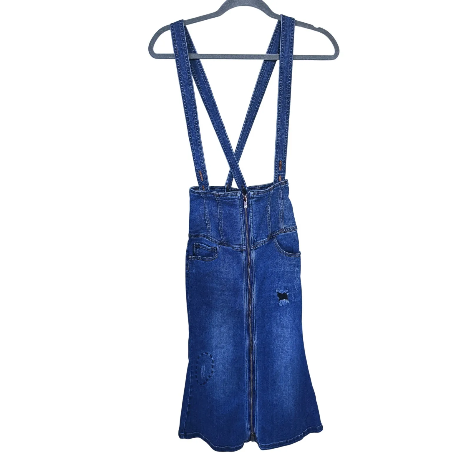 Y2K Miss Sixty Retro Vintage Denim Overall Skirt Dress Patchwork Small Blue 90s - Image 2