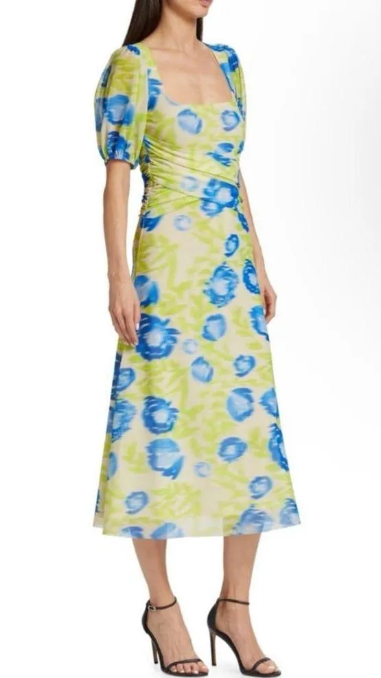 GANNI Crisscross Abstract-Printed Mesh Puff-Sleeve Midi Dress New w/Tag $445 - Image 13