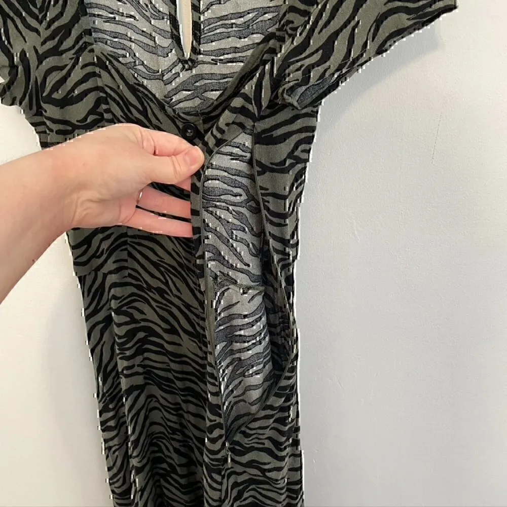 HOLLISTER Olive Green Black Zebra Animal Print Square Neck Mini Fit Flare Dress - Image 5