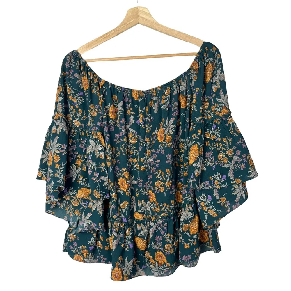 Boutique Umgee Teal Blue Floral Off Shoulder Short Sleeve Top S - Image 2