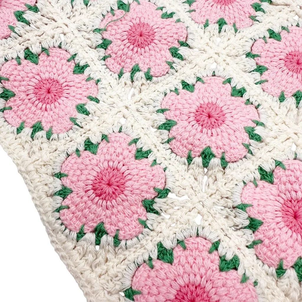 Handmade Crochet Floral Granny Square‎ Bandana Headscarf – Pink & Cream - Image 3