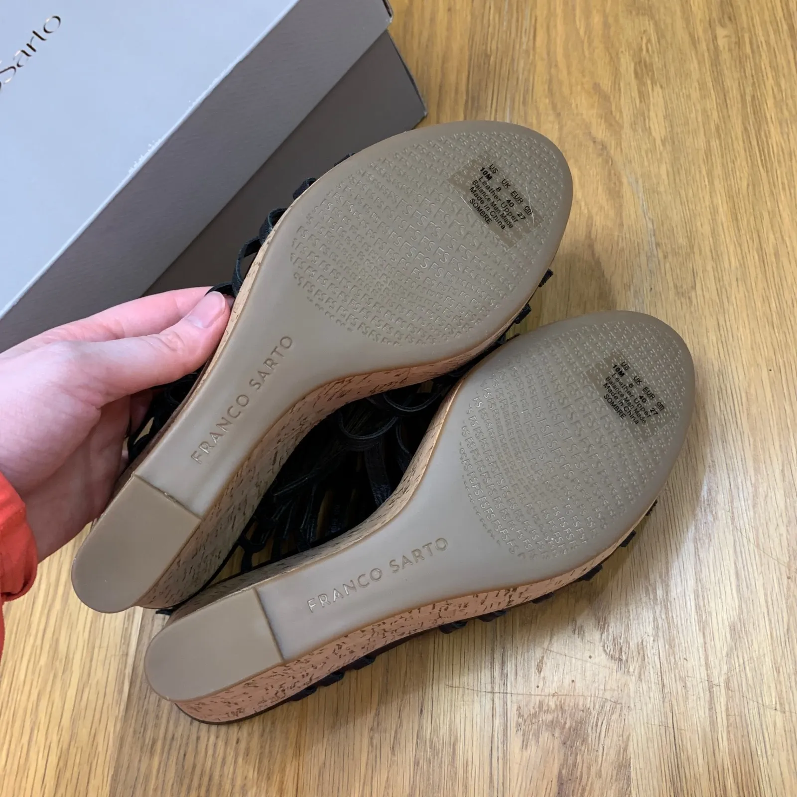 Franco Sarto Womens Black Leather Strappy Cork Wedge Sandals Shoes Size 10M - Image 6