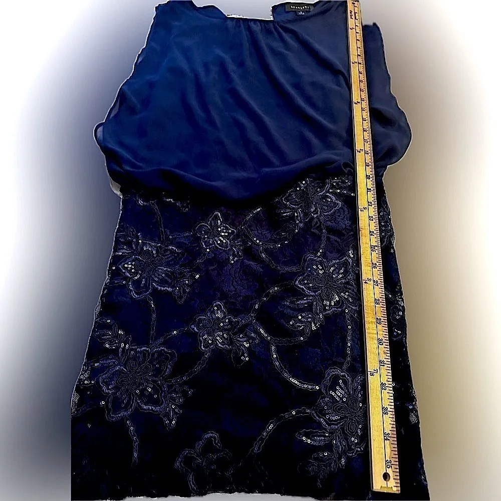 - SCARLETT -Chiffon Navy blue with sequins cocktail party Blouson Dress Size 16 - Image 9