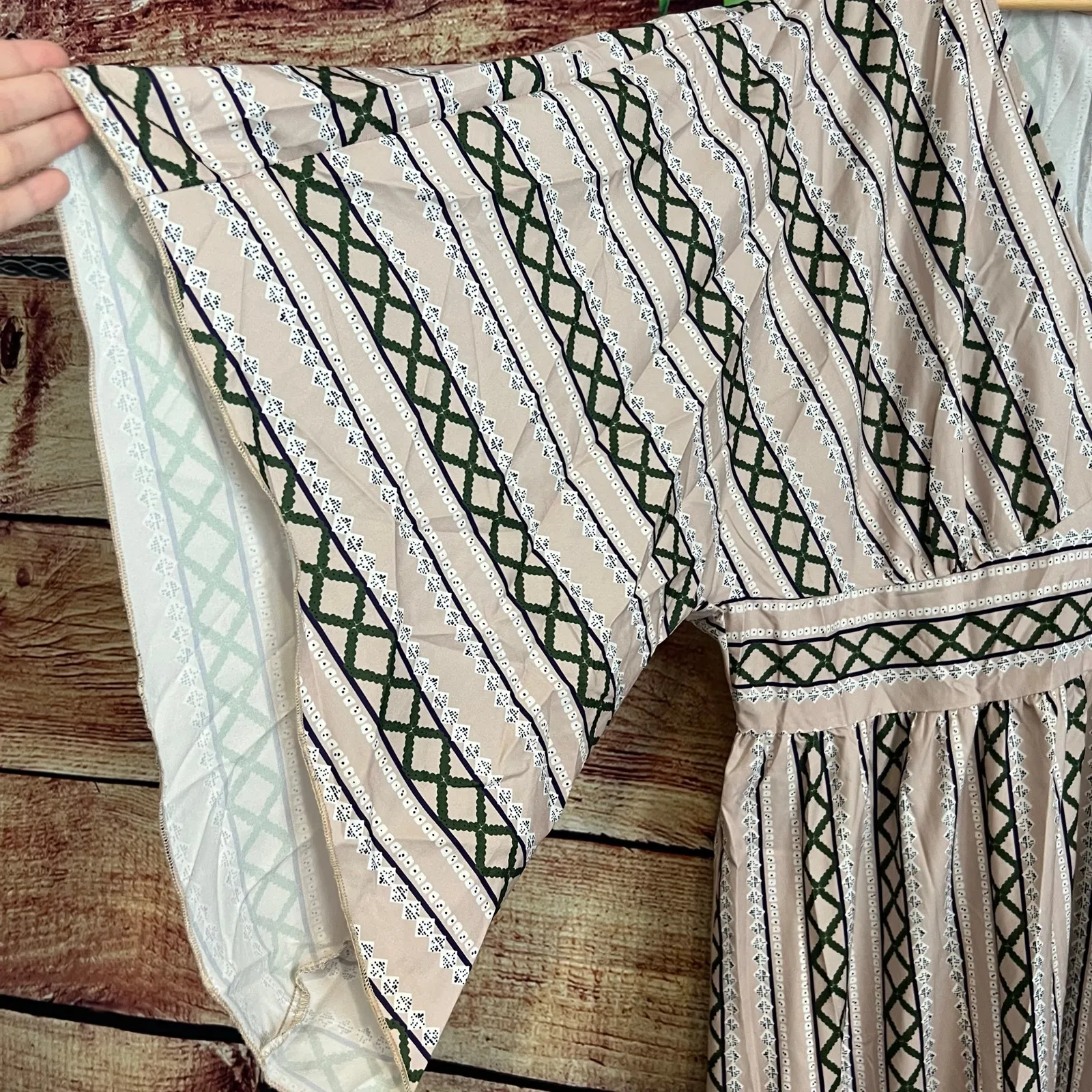 Shein Curve Tribal Maxi Dress 4XL Boho Belted Waist Ethnic Print Geometric Beige - Image 4