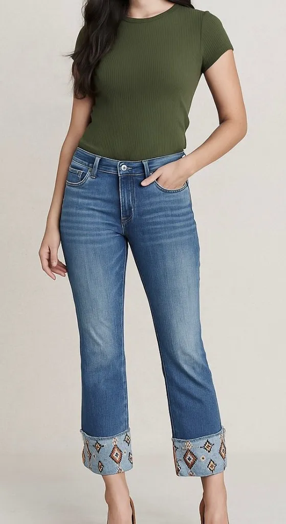 Driftwood Medium Wash Colette Aztec Embroidered Cuffed Bootcut Jeans Size 28 - Image 1