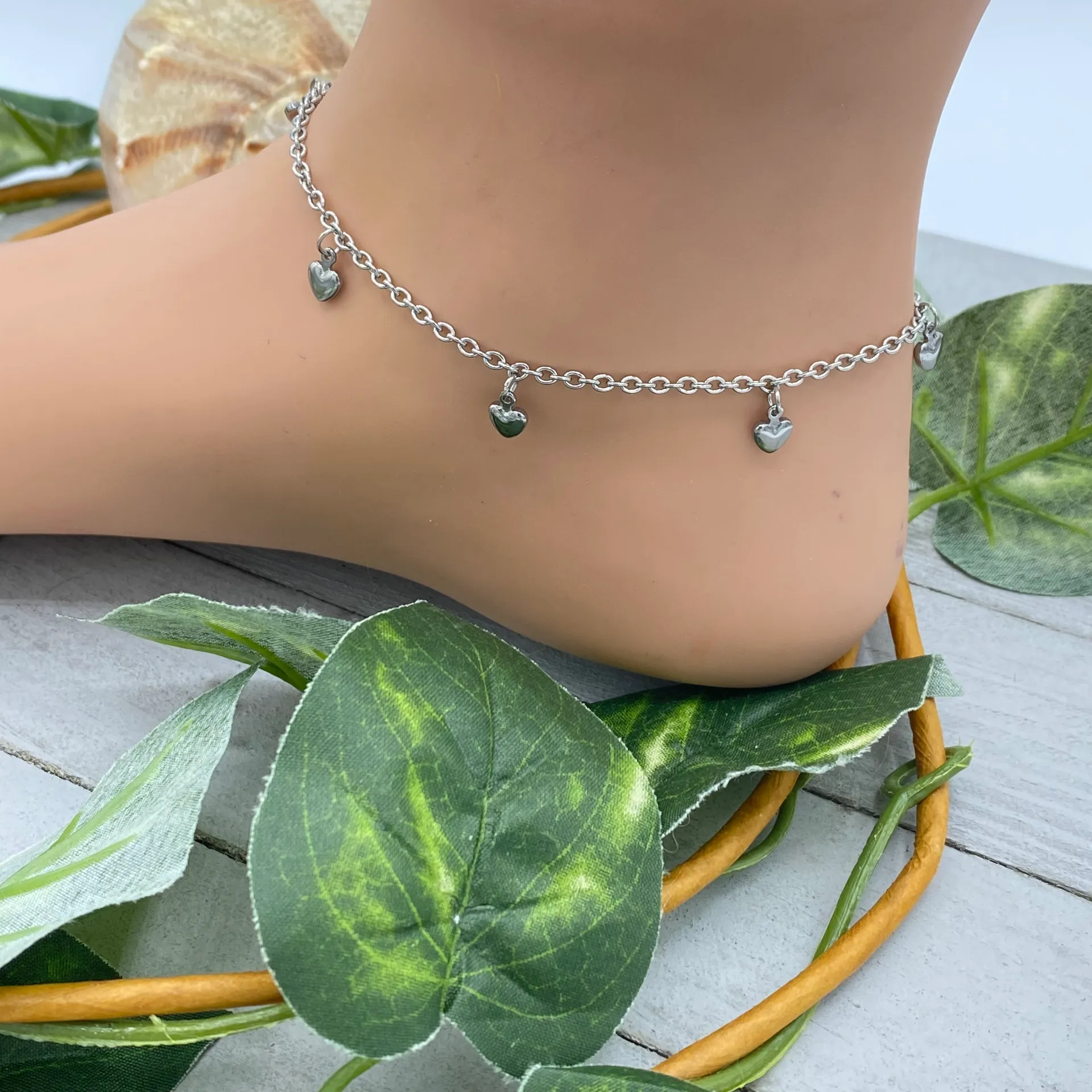 Stainless Steel Anklet With Dangling Hearts Ankle Bracelet Silver - Image 2