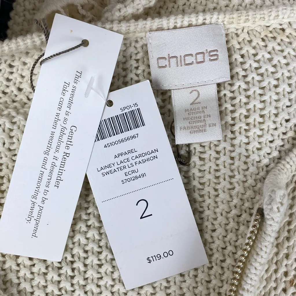 Chico’s Ivory Cream Lainey Lace Zip Up Long Sleeve Cardigan Sweater NEW 2 L - Image 6