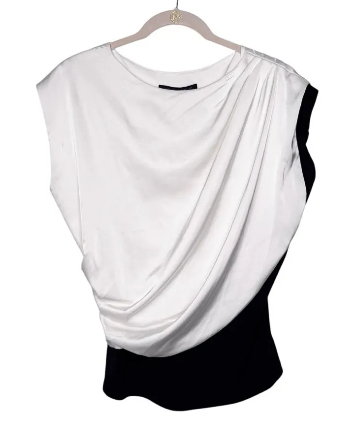 KATHERINE BARCLAY SILKY SOFT ROUCHED DRAPED BLACK AND WHITE TOP SZ M - Image 1