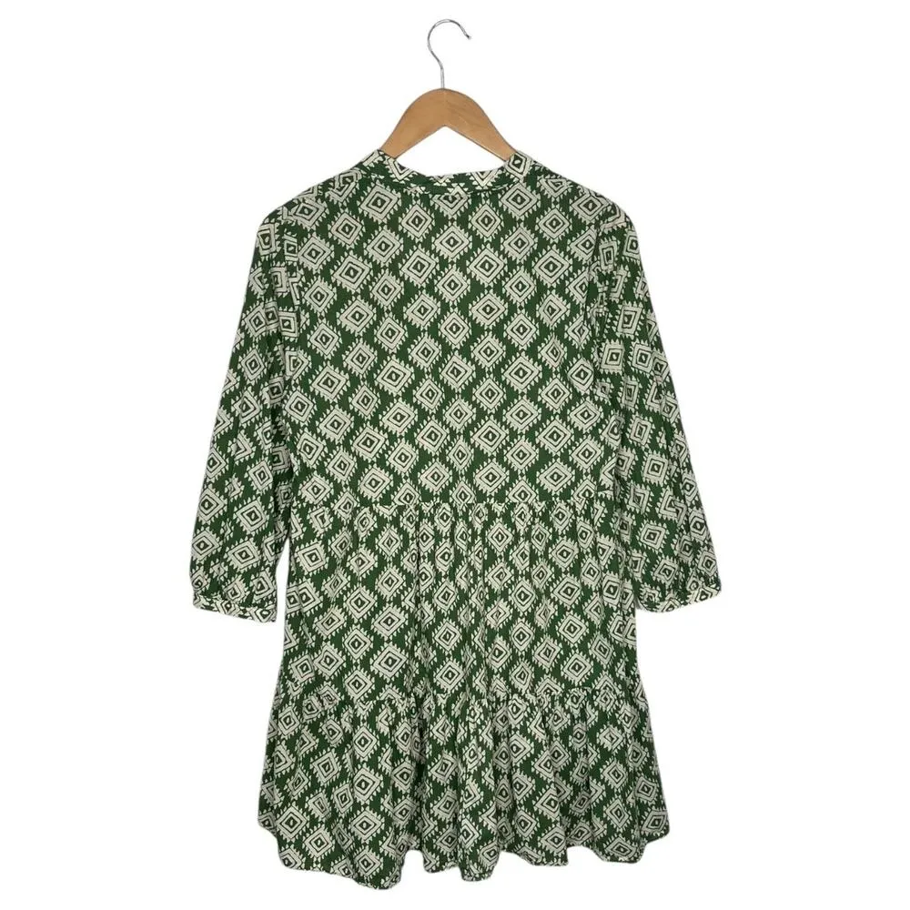 Zara Dress Womens M Mini Cadie Geometric Print Boho Tiered Pleated Tie Green - Image 2