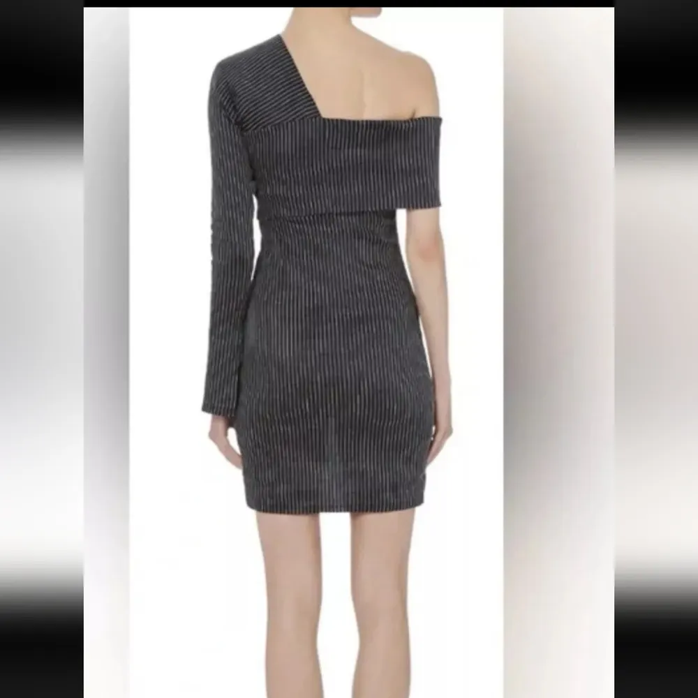 Beaufille Pinstripe One Sleeve Canopy cotton Linen Blend Stretch Mini dress 0 Gray - Image 2