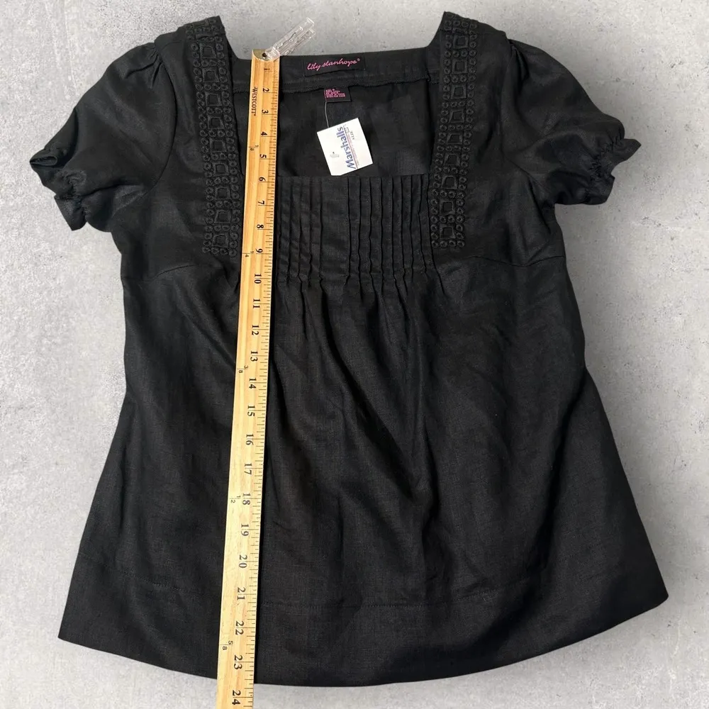 New Lily Stanhope Linen Top Women S Black Square Neck Pleated Puff Sleeve Blouse - Image 6