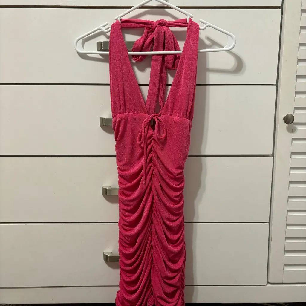 Hello Molly Ruched Pink Halter Mini Dress - Image 3