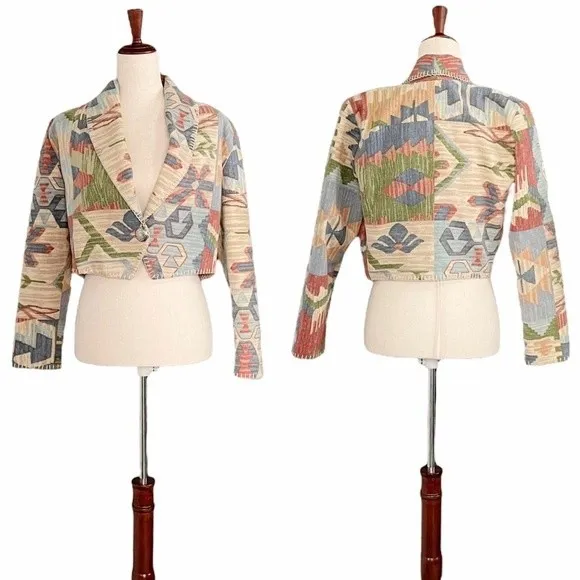 Rhonda Stark Jacket Blazer Southwest Tapestry Cropped Boho Tan Blue Size Medium Brown - Image 2