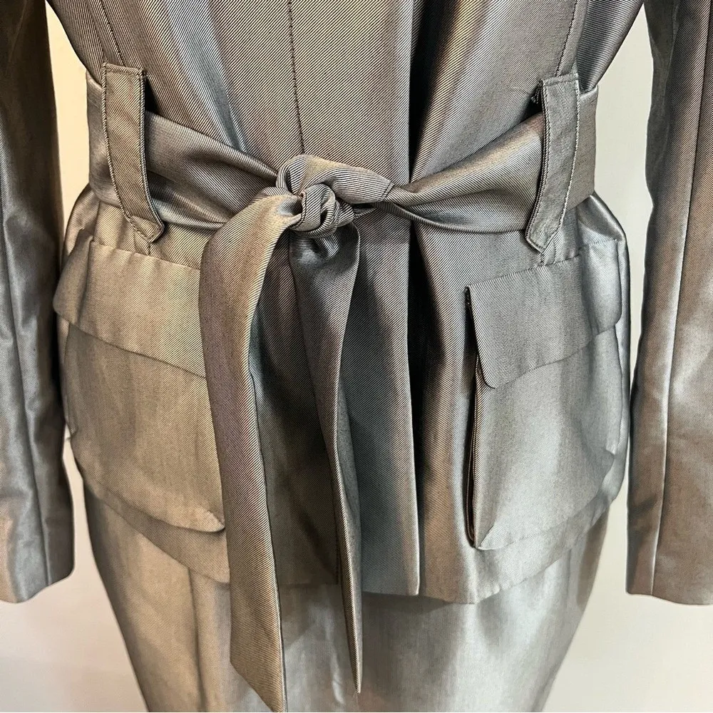 Vintage RARE Calvin Klein Silver Metallic Blazer Skirt Set 2 Piece Career Sz 4 - Image 4