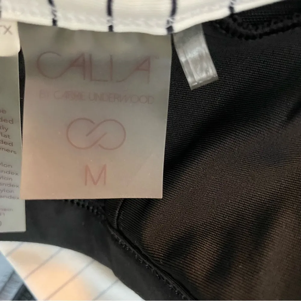 Calia Carrie Underwood Tank Sports Bra Striped Layered Cinch Sides Black Cream - Image 14