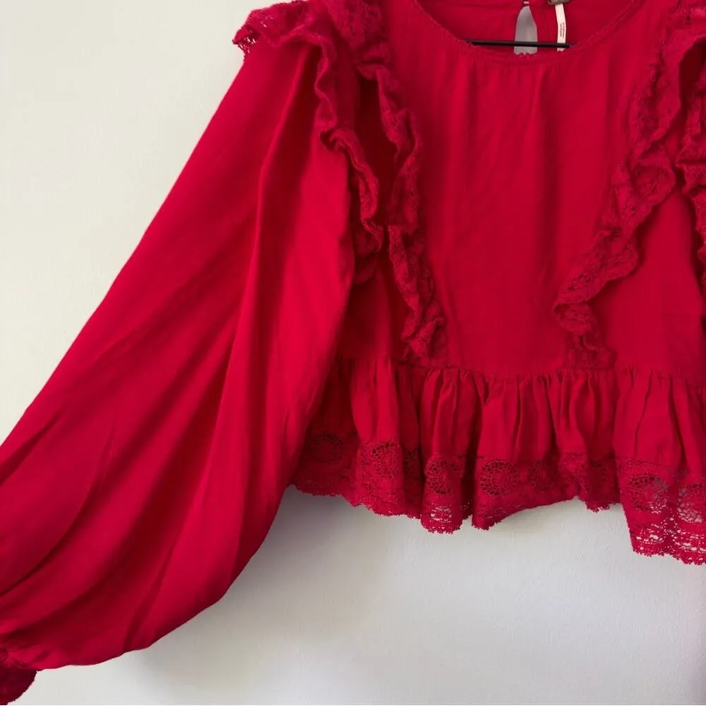 Free People Take it Easy Top Red Ruffle Button Keyhole Lace Peplum Long Sleeve - Image 5