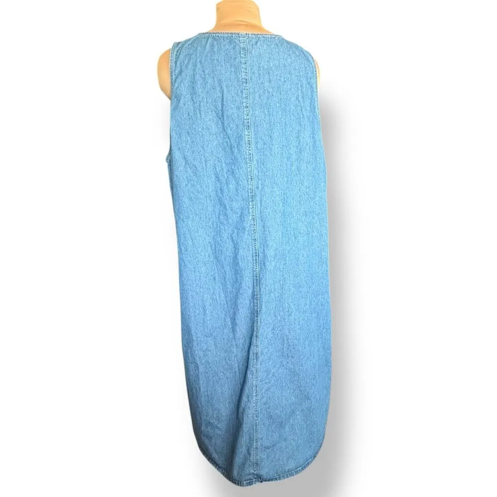 Vintage Quacker Factory Denim Jumper Midi Dress Plus 2X Yellow Floral Embroidery Blue - Image 6