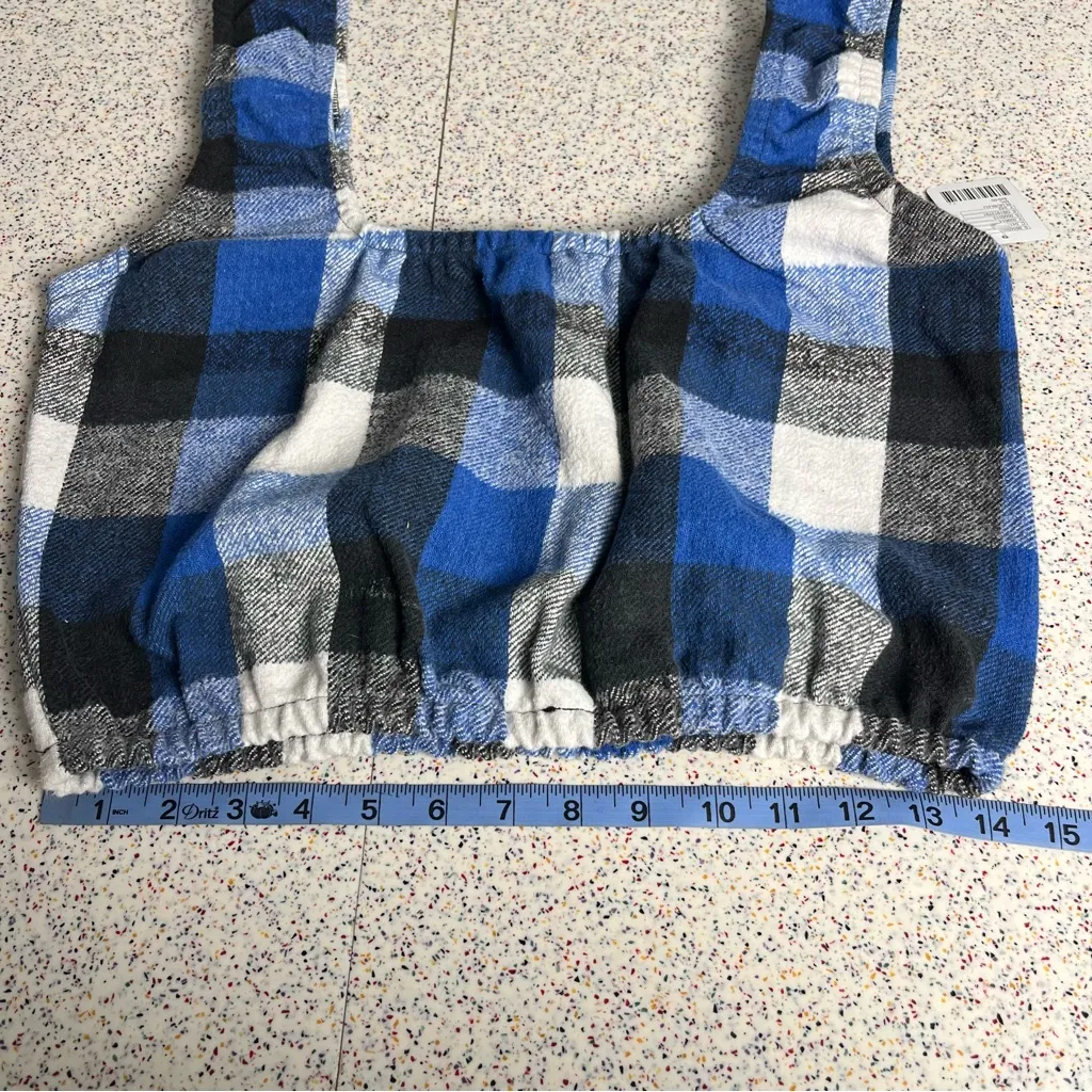 Urban Renewal Remade Scrunchie Flannel Cropped Tank Top Blue Plaid Women’s M/L - Image 6