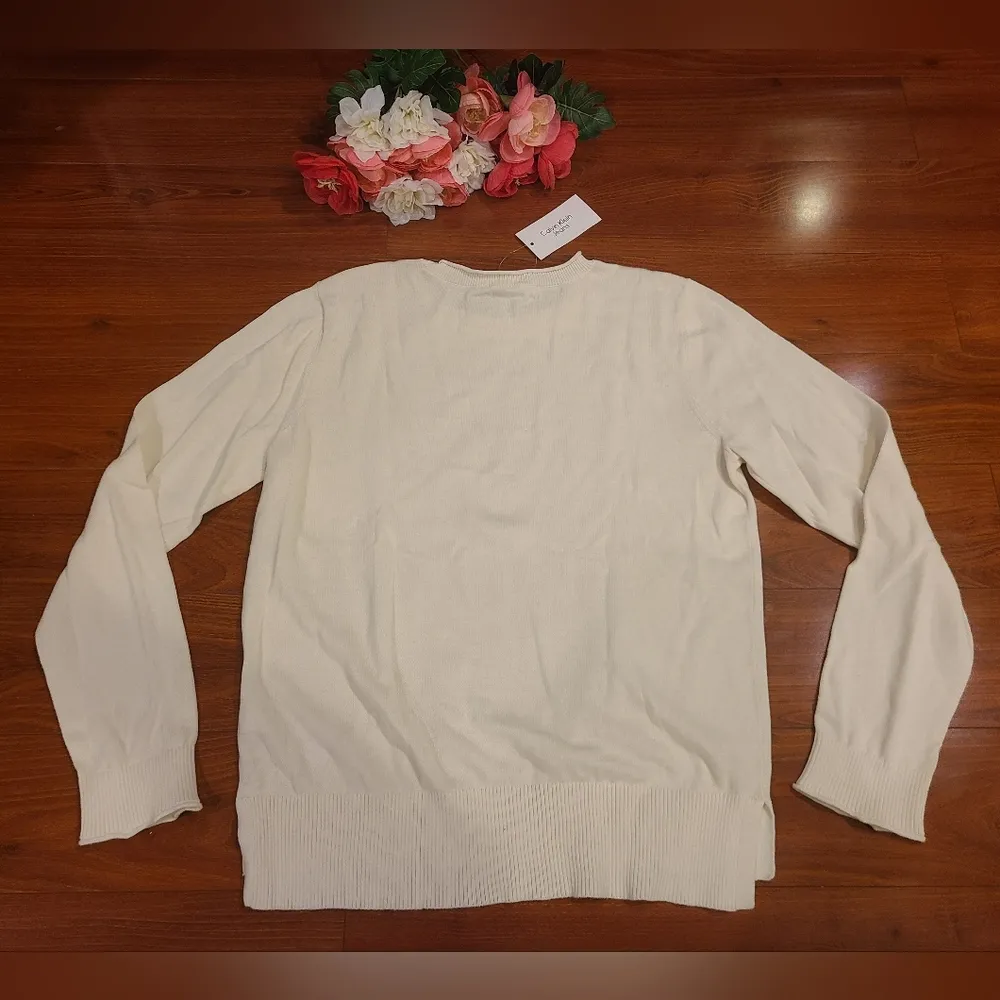 Calvin Klein Off White Rhinestone CK Logo Sweatershirt Size Small - Image 2