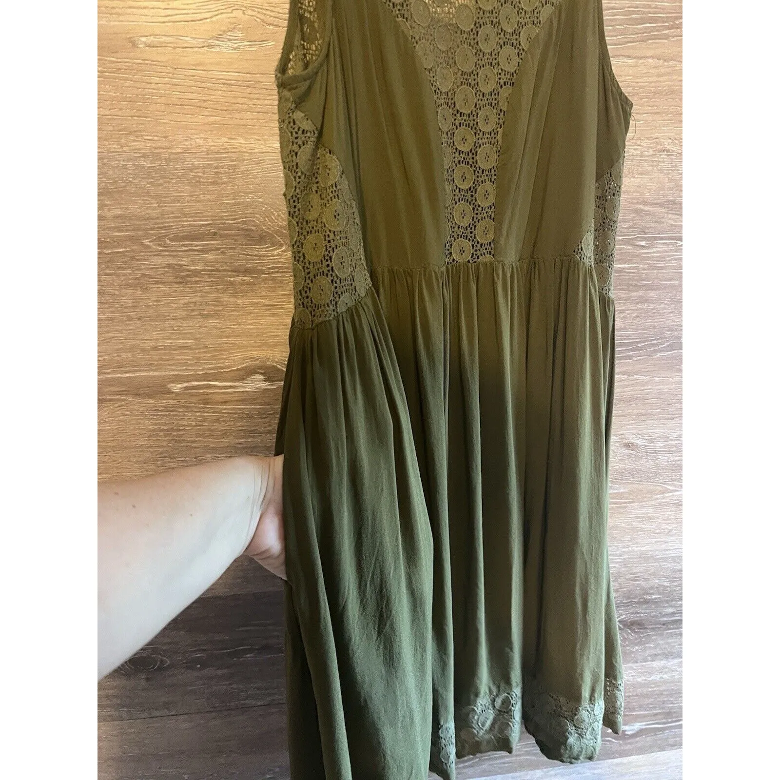 Anthropologie Lilka Dress Olive Green Rayon & Lace Sleeveless Open Back Sz S - Image 6