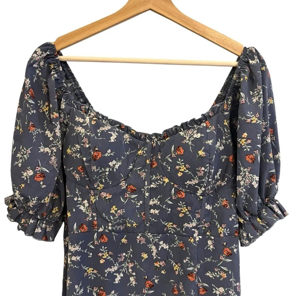 Inspired Hearts Floral Milkmaid Dress Sz XL Puff Sleeves Prairie Cottage Peasant Blue - Image 2