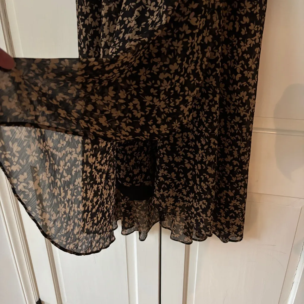 Tommy Hilfiger Crossover Hem Black Tan Floral Midi Dress Sheer Chiffon Size 8 - Image 9
