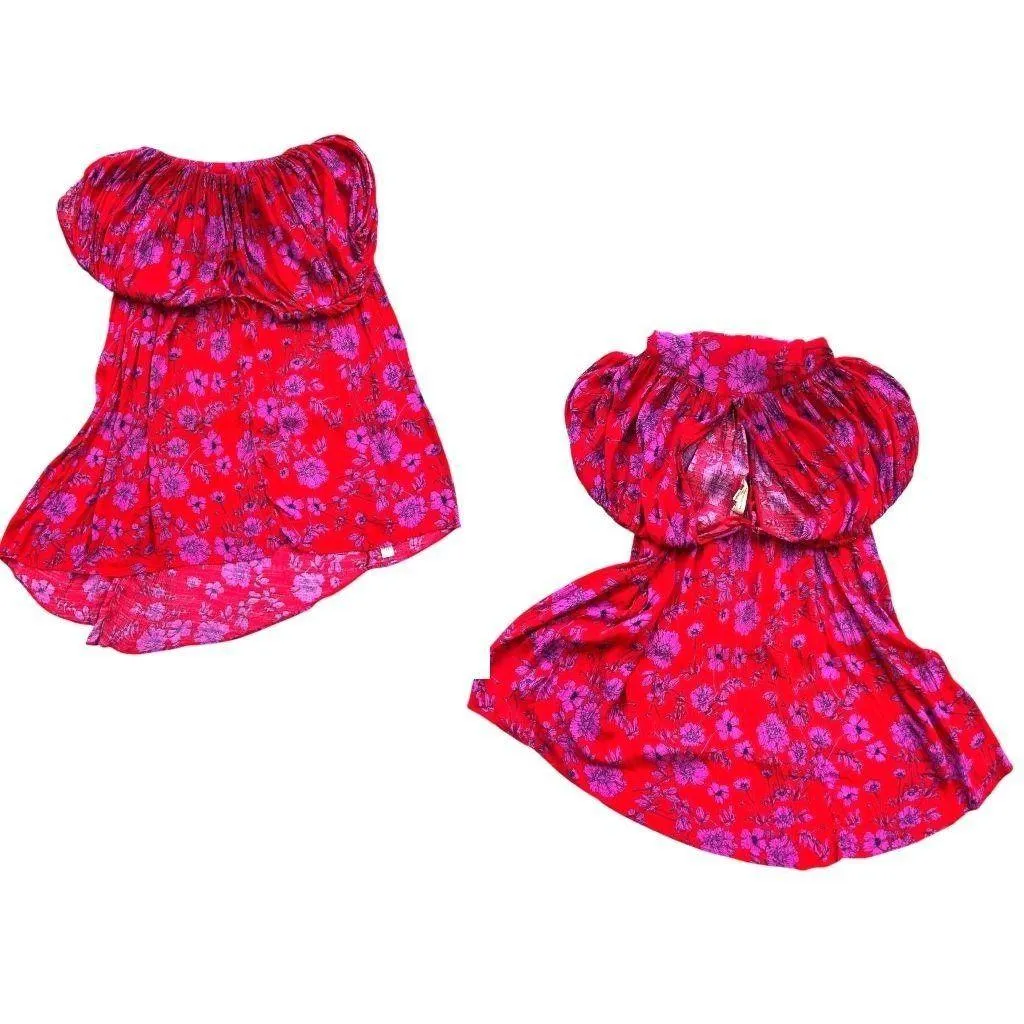 Band of Gypsies Hi Low Dress Small Red Pink Flowers Stretch Waist Festive READ - Image 7