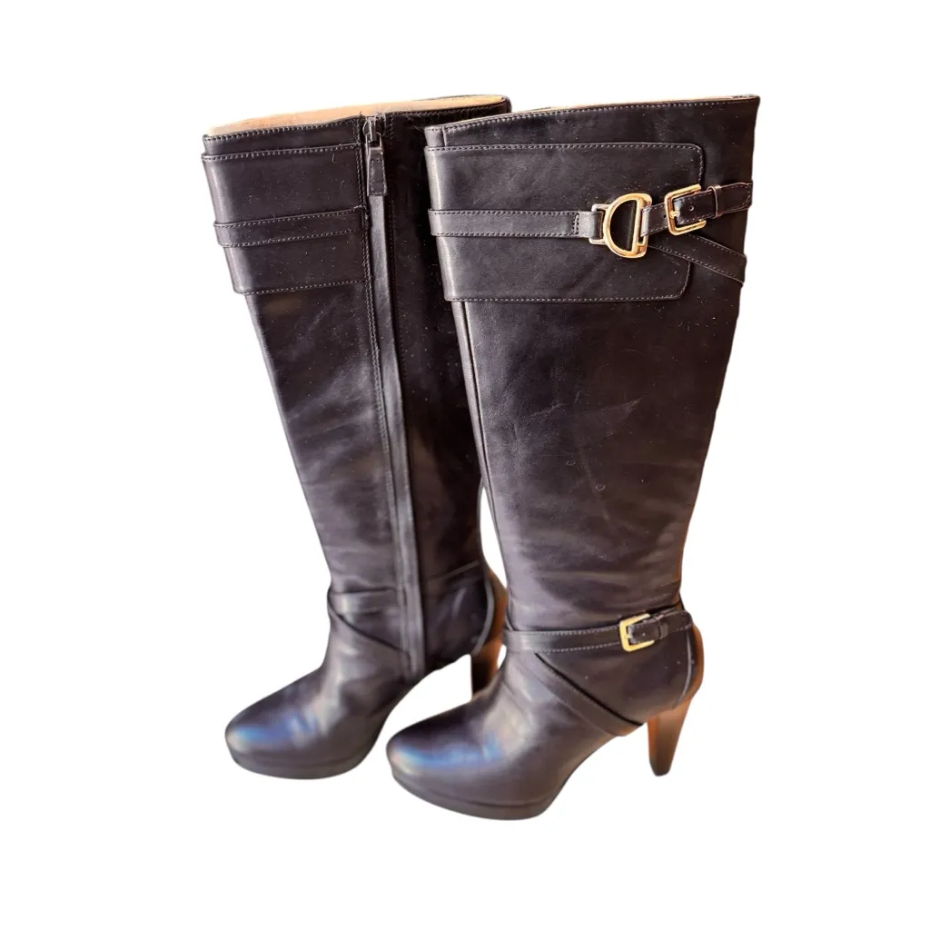 Cole Haan Air Julisa Tall Knee High Leather Boots Black Womens 6.5B Gold Buckle - Image 4