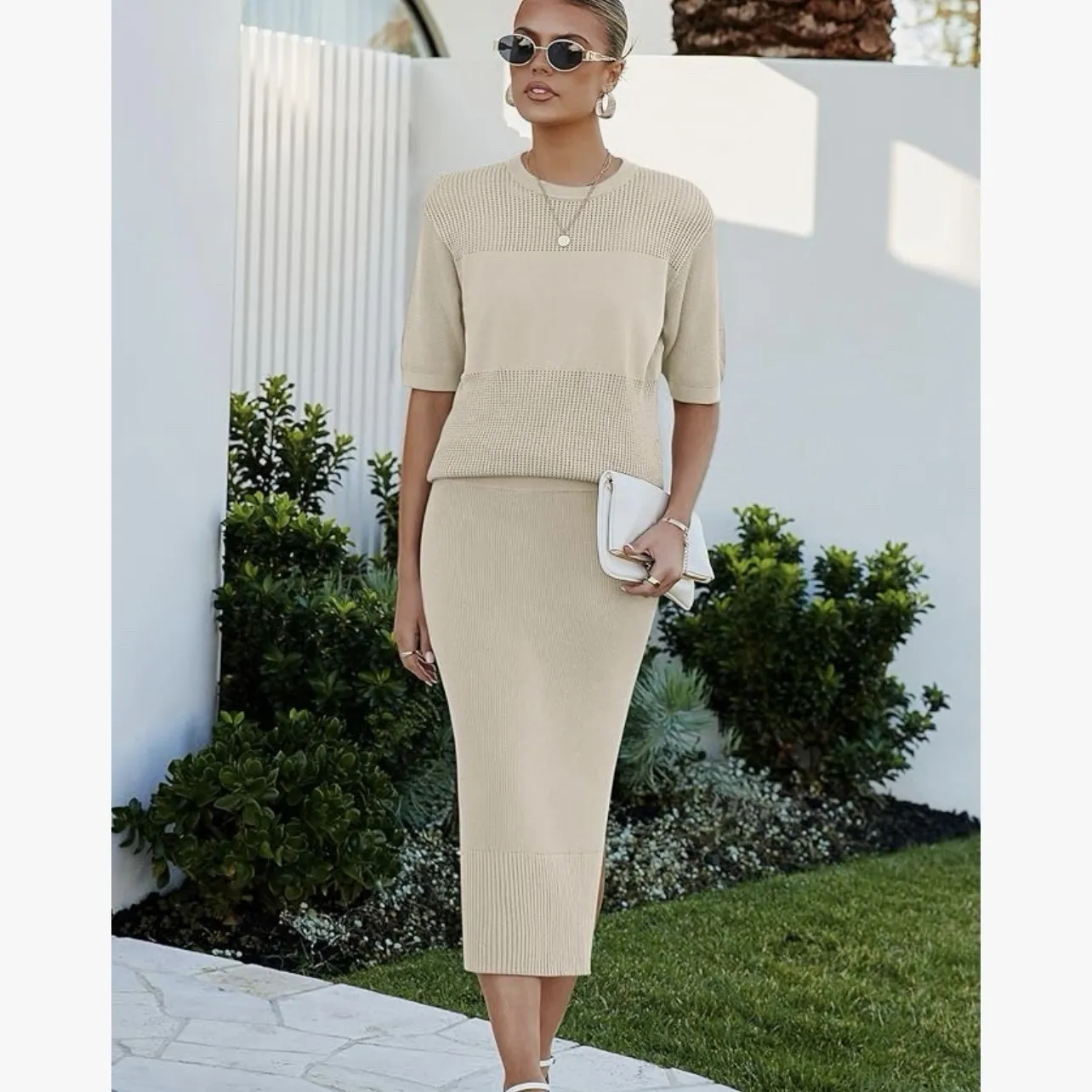 Arach&cloz Womens Soft 2 Piece Sets Crochet Top And Midi Slit Skirt Sz L Size L - Image 2