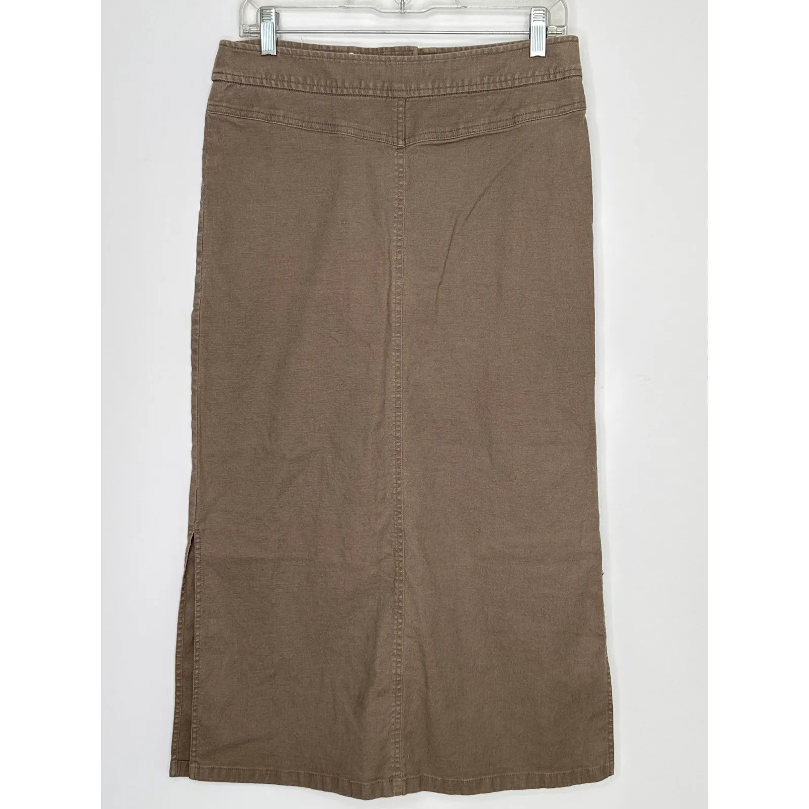 Co & Eddy Linen mix midi khaki skirt front tie side slits size 10 Tan Size M - Image 5