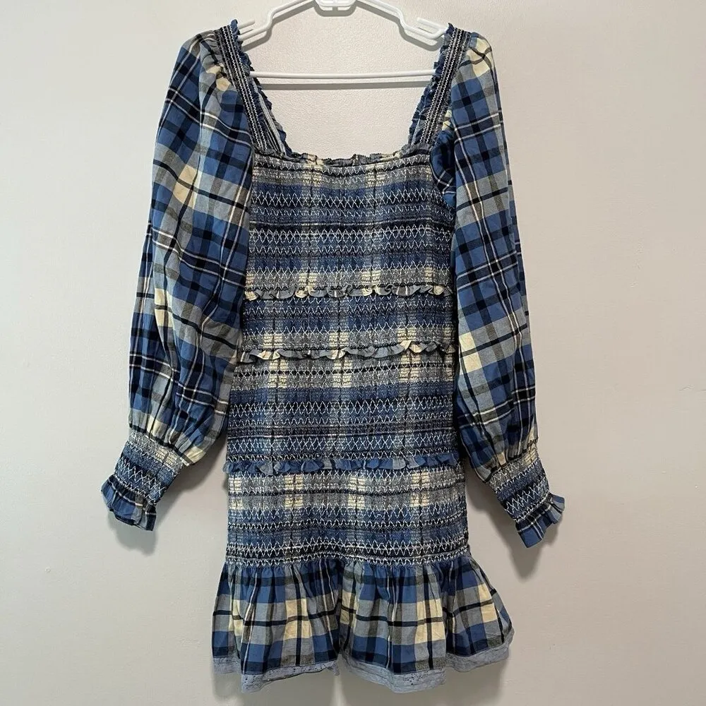LoveShackFancy‎ Stanley Smocked Plaid Dress in Blue Yellow Denim Skies Medium - Image 2
