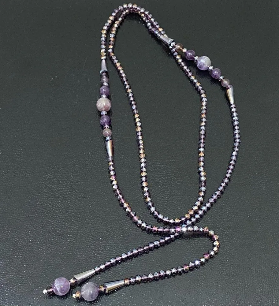 Handmade Amethyst Stone AB Purple Crystal Beads Lariat 40” Necklace - Image 11