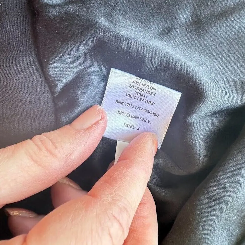 Eileen Fisher Size M Leather Trim Tropical Suiting Eco Poly Jacket Blazer Black - Image 9