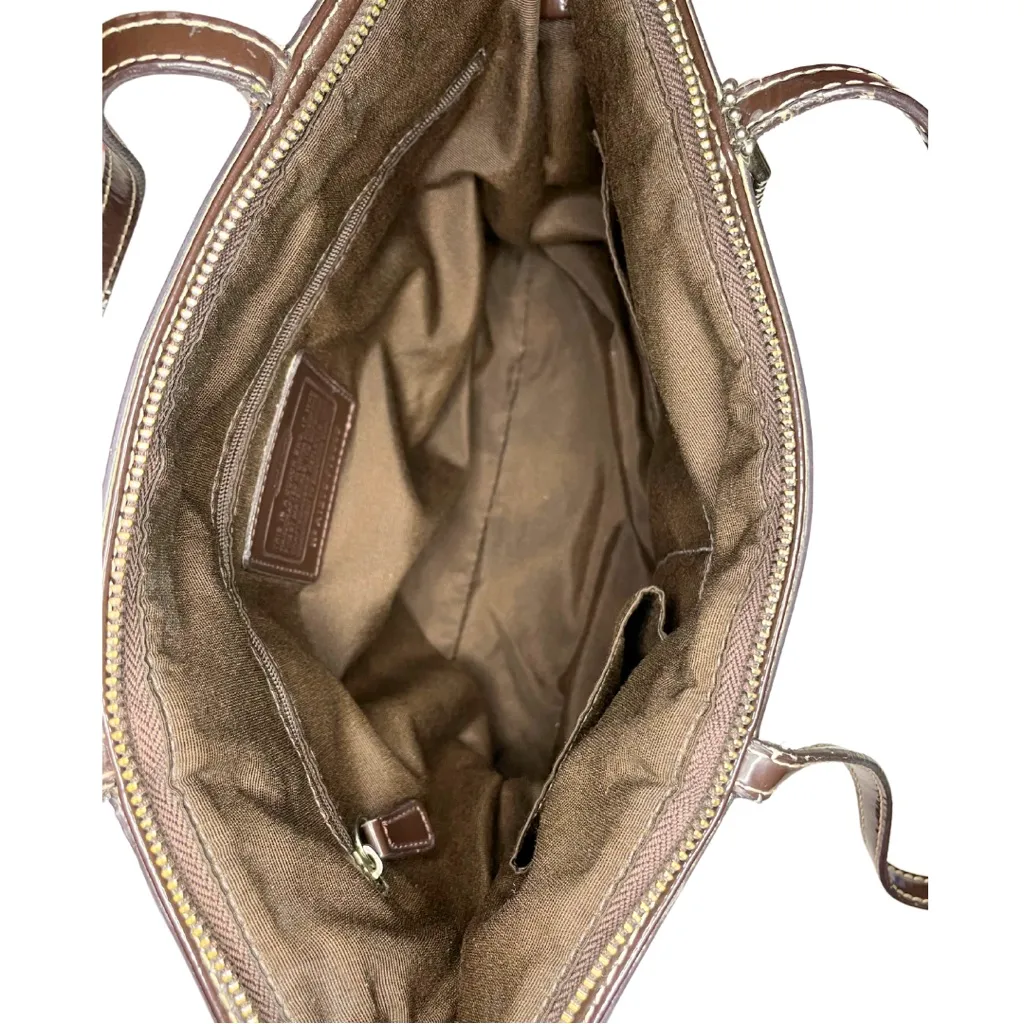 Coach Signature Y2K Stripe Tote Brown + Tan Patent Leather Handles Zip Top - Image 4