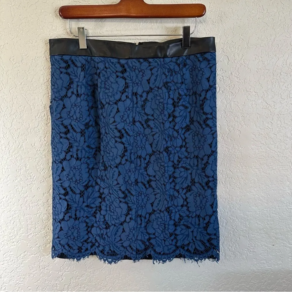 Brixon Ivy Blue Black Lace Overlay PU Trim Lined Rayon Blend Pencil Skirt Medium - Image 6