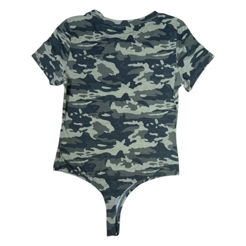 Aqua Short Sleeve Crew Neck Bodysuit Camo Print Size Medium Green & Brown - Image 2