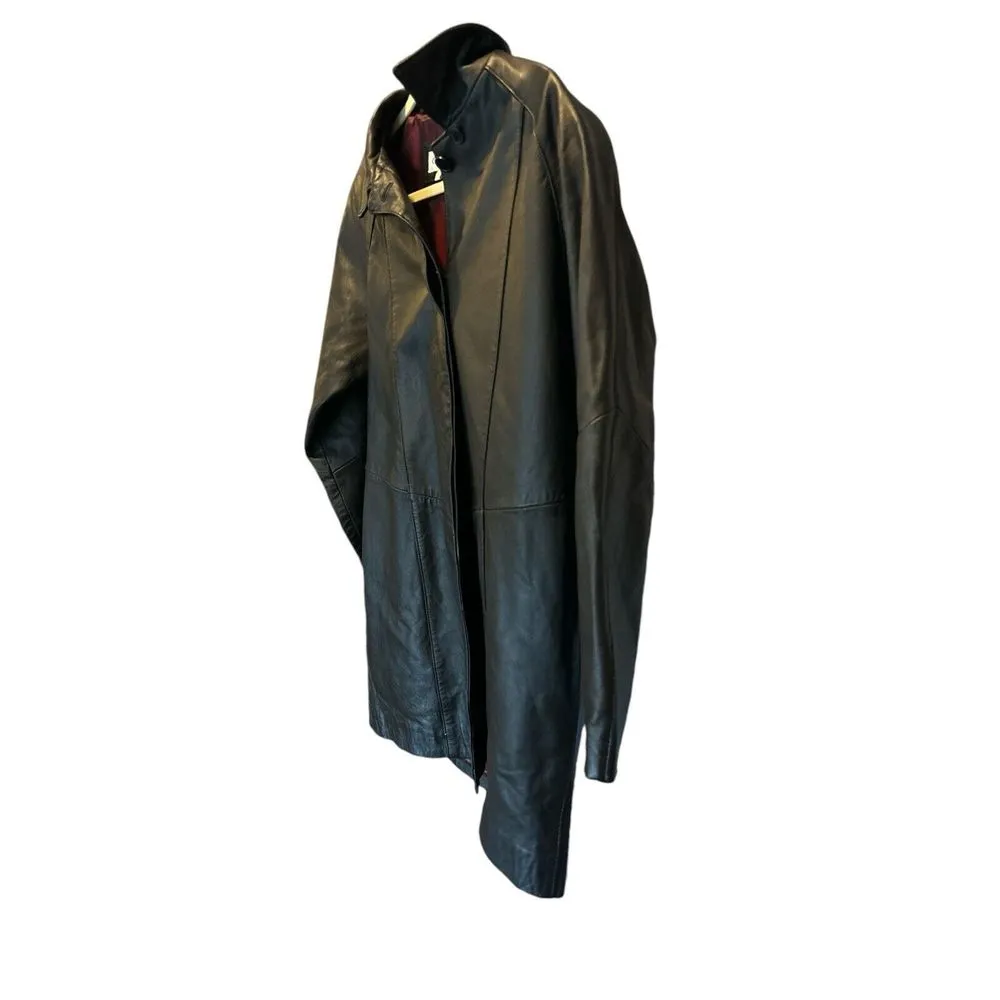 Vintage Oleg Cassini Genuine Leather Mid Length Coat Jacket Black Women's PM - Image 4