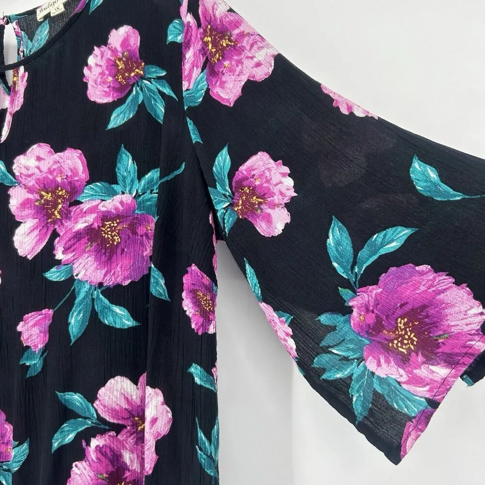 Indigo Rose Black Floral Gauzy Top Boho Feminine Flare Slit Sleeves Size 1X - Image 3