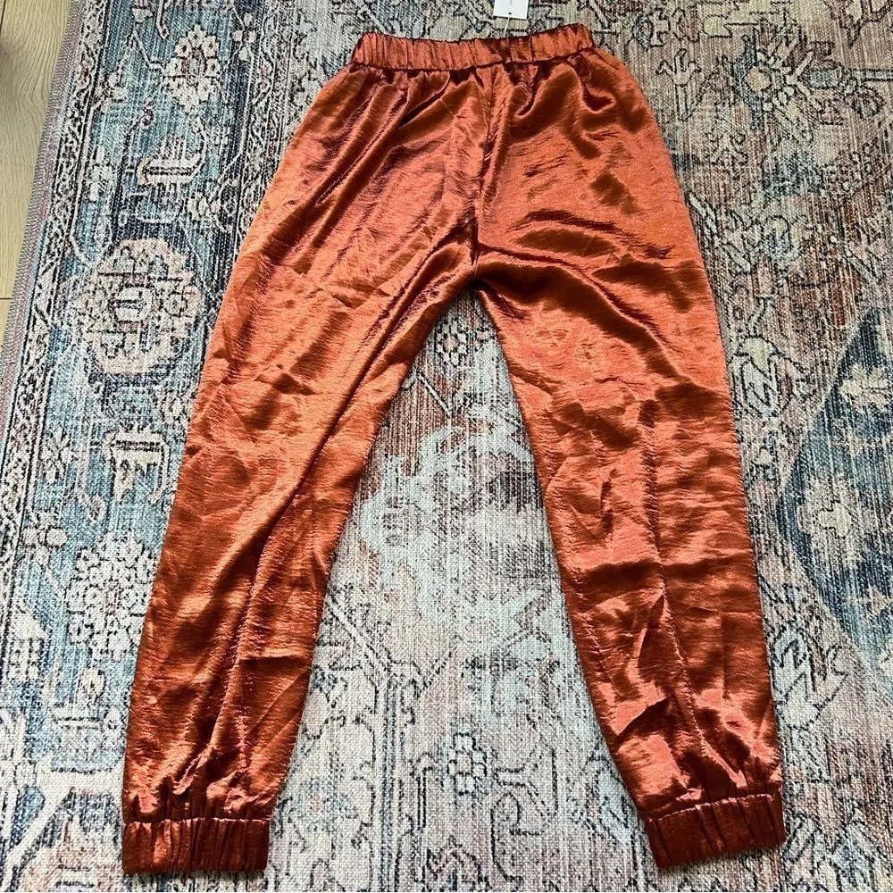 Lovers & Friends Tristan Jogger Satin Side Slit Pants Rust Terracotta Brown NWT - Image 13