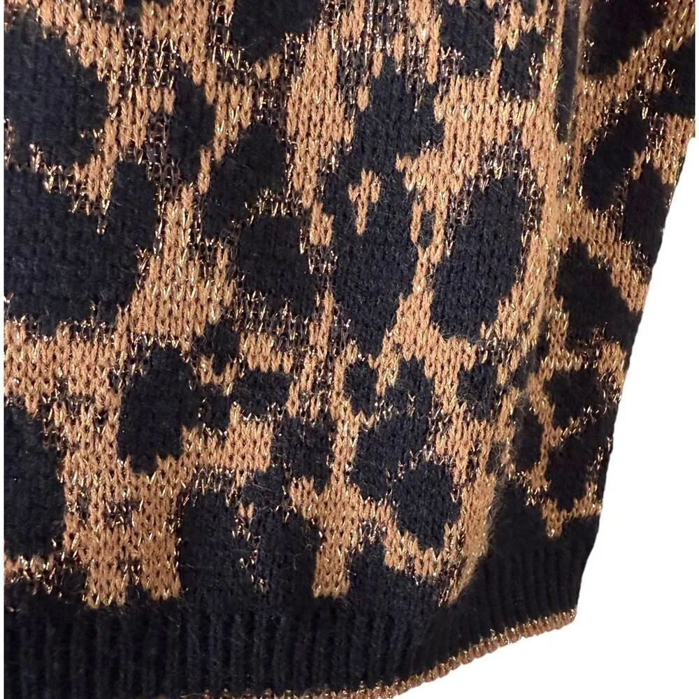 Vintage 80s Crewneck Leopard Pullover Knit Sweater Black Brown Metallic Gold, L Size L - Image 7
